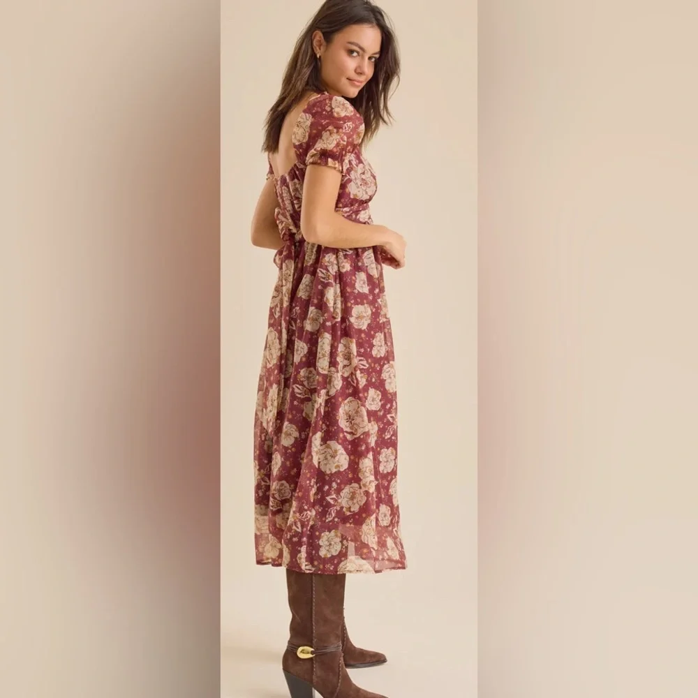 Altar’d State Burgundy & Cream Chiffon Floral Midi Dress by Blue Pepper Size M - Picture 3 of 9